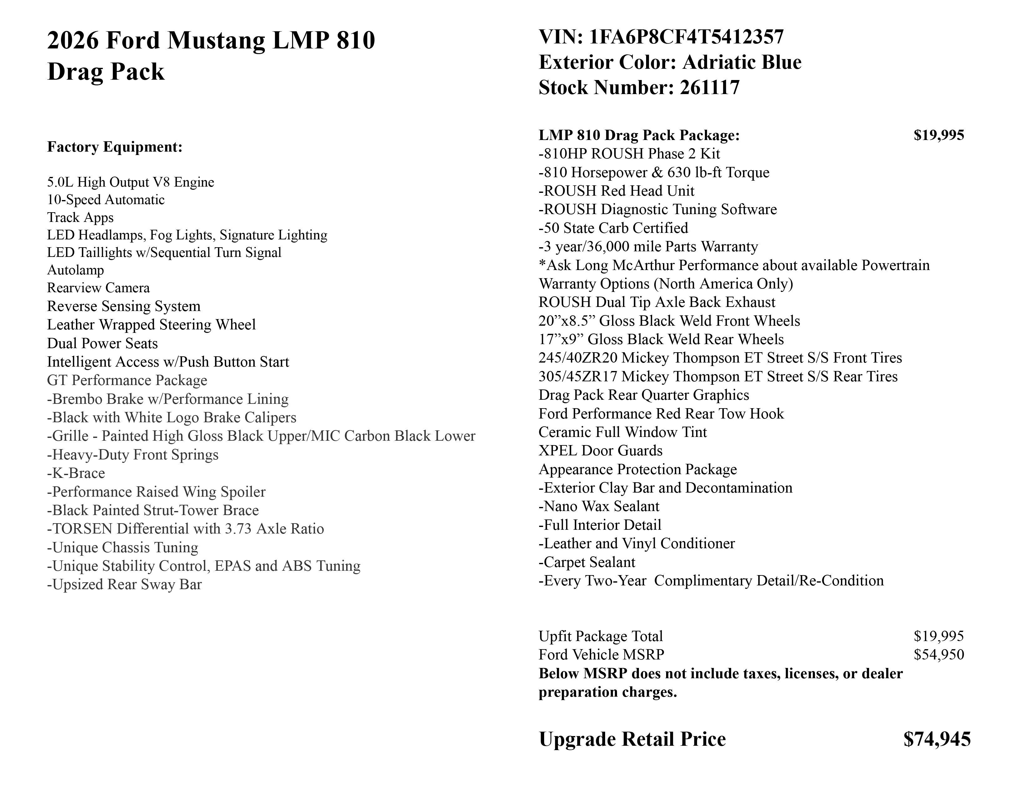2026 Ford Mustang LMP 810 Drag Pack